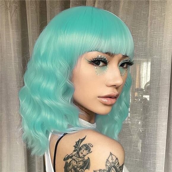 Mint Green Wig with Bangs Short Wavy Wigs for Women Shoulder Length - Picture 1 of 6